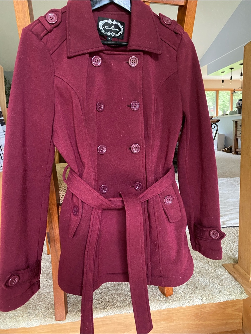 Ambiance Double-Breasted Belted Peacoat - Burgundy
